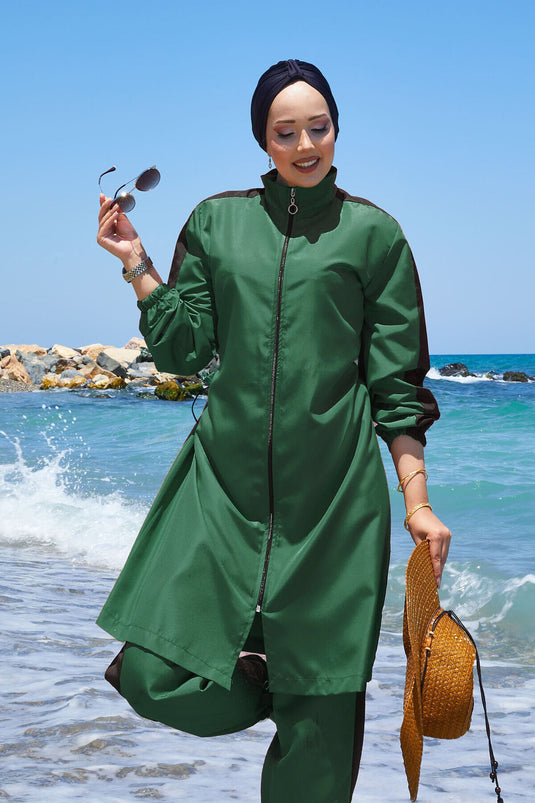 Maillot de bain modeste entièrement zippé et garni, couleur émeraude