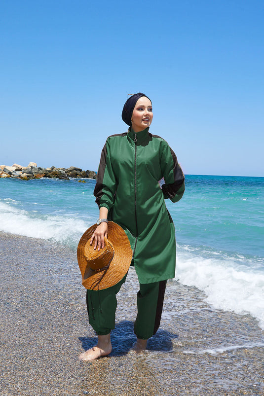 Maillot de bain modeste entièrement zippé et garni, couleur émeraude