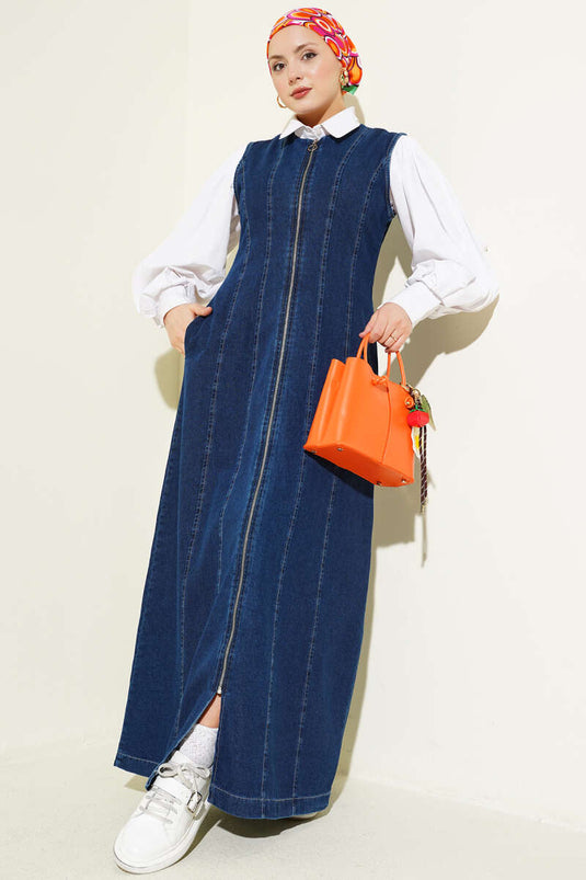 Robe salopette en jean avec fermeture éclair intégrale bleue
