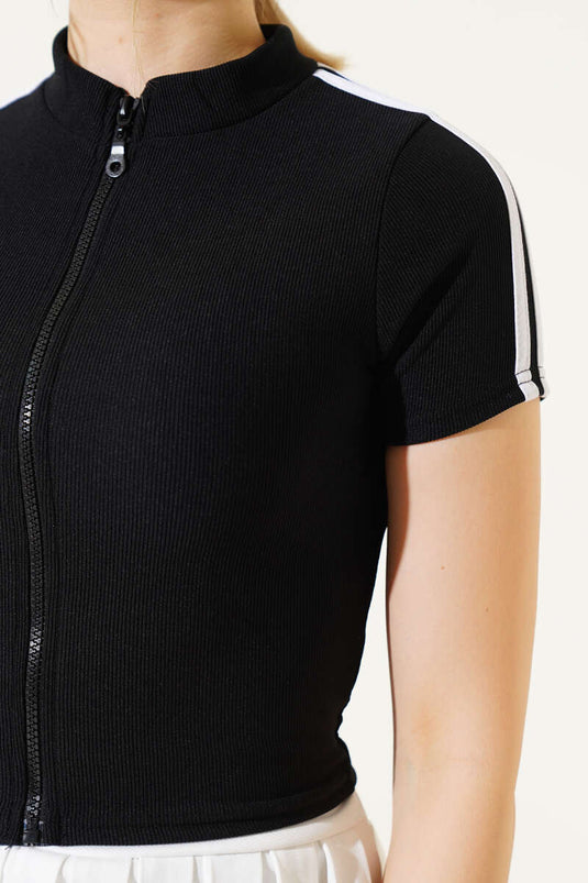 Boydan Fermuarlı Omuz Şeritli Crop Siyah