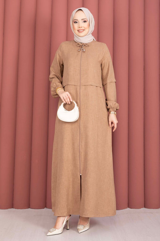 Boydan Fermuarlı Tesettür Ferace Camel