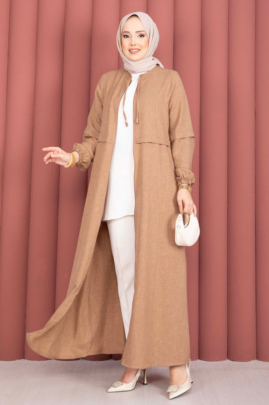 Boydan Fermuarlı Tesettür Ferace Camel