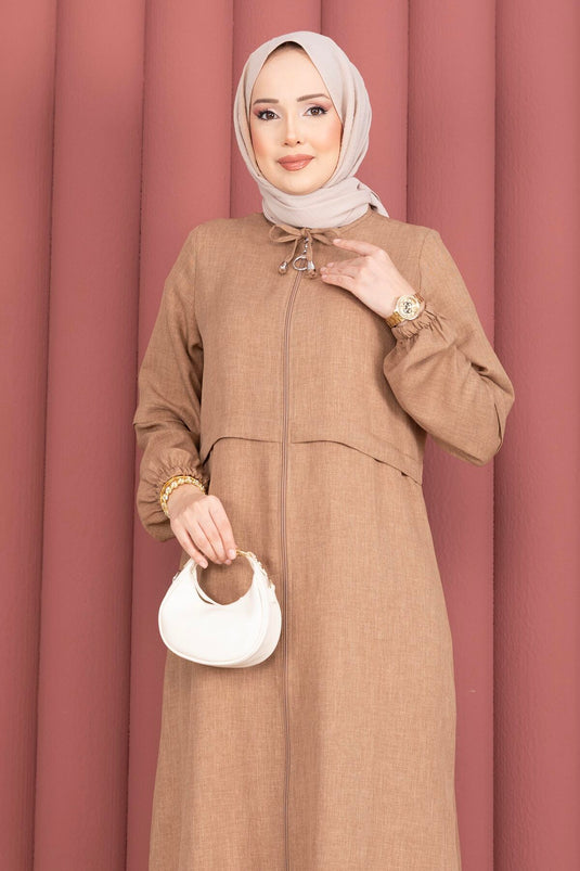 Boydan Fermuarlı Tesettür Ferace Camel