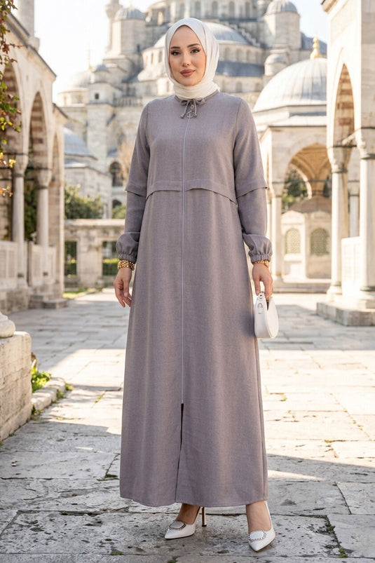 Abaya Modest Fermée Zippée Grise