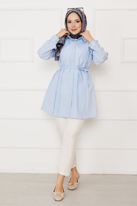 Hidden Button Pleated Detail Hijab Shirt Baby Blue