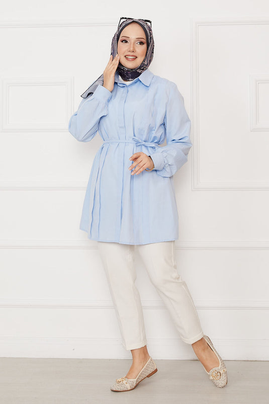 Hidden Button Pleated Detail Hijab Shirt Baby Blue