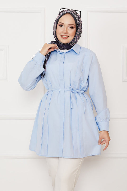 Hidden Button Pleated Detail Hijab Shirt Baby Blue