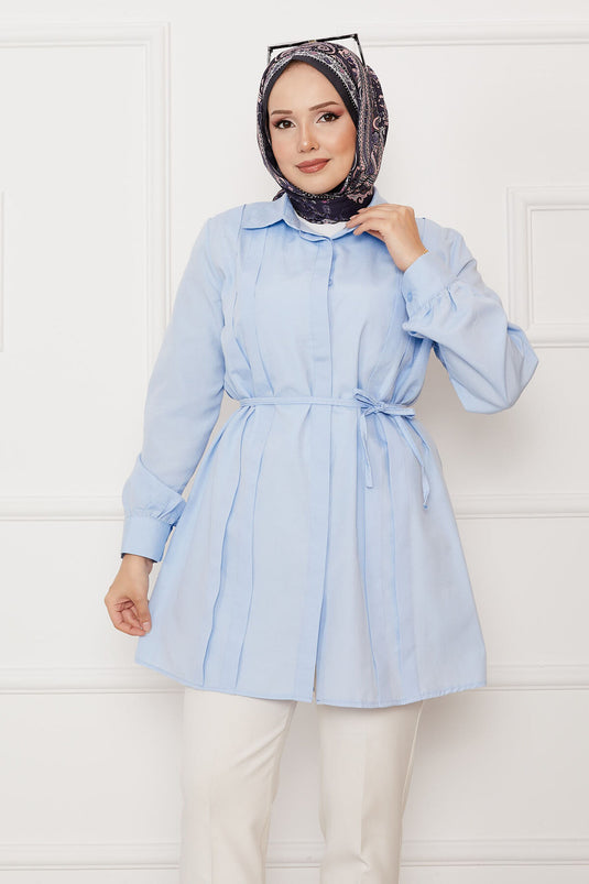 Hidden Button Pleated Detail Hijab Shirt Baby Blue