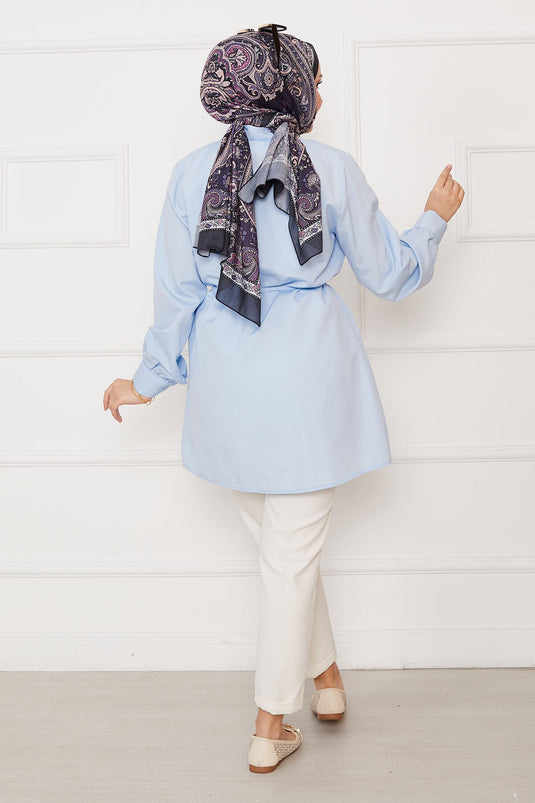 Hidden Button Pleated Detail Hijab Shirt Baby Blue