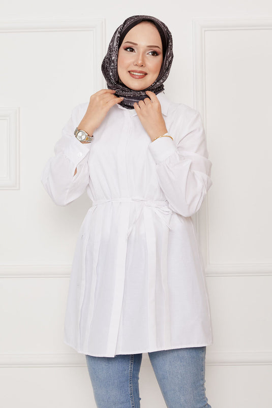Hidden Button Pleat Detailed Hijab Shirt White
