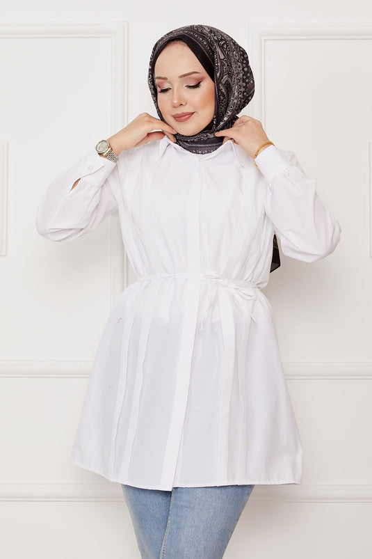 Hidden Button Pleat Detailed Hijab Shirt White