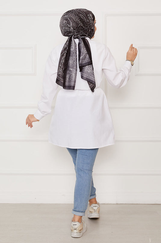 Boydan Gizli Düğmeli Pile Detaylı Tesettür Gömlek Beyaz