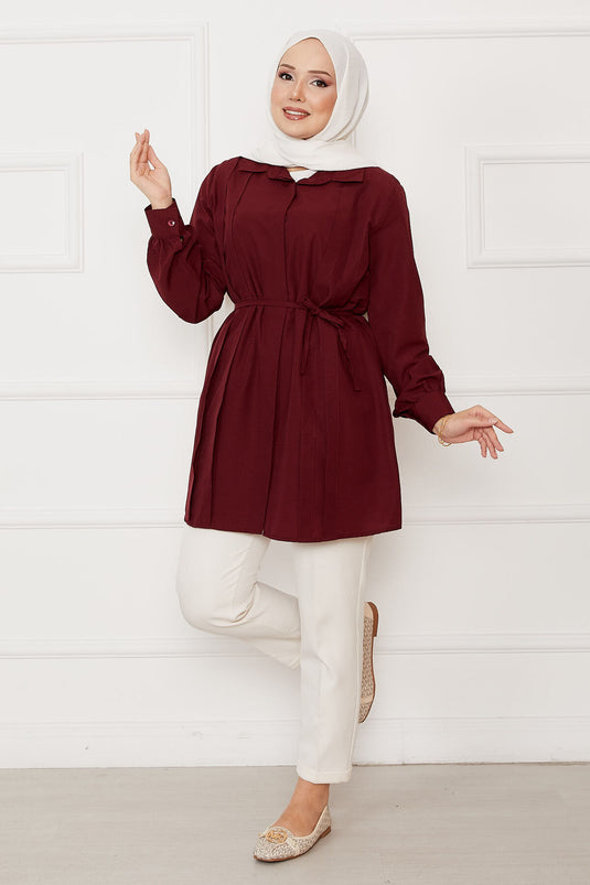 قميص حجاب بتفاصيل طيات وأزرار مخفية - عنابي