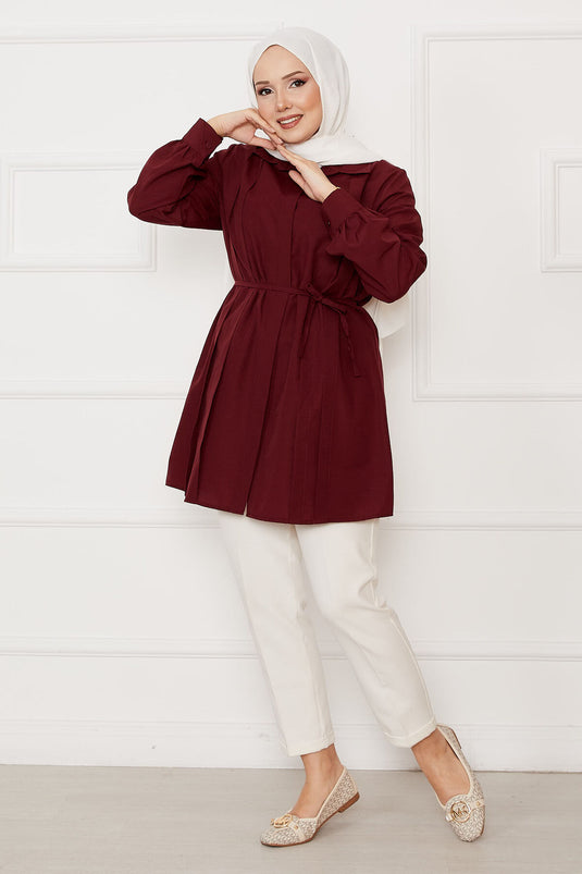 قميص حجاب بتفاصيل طيات وأزرار مخفية - عنابي