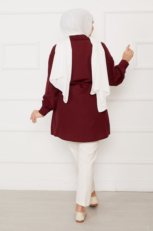 قميص حجاب بتفاصيل طيات وأزرار مخفية - عنابي