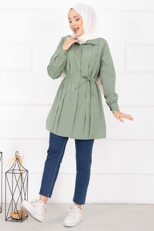 Boyden Hidden Button Pleated Modest Shirt In Mint Green