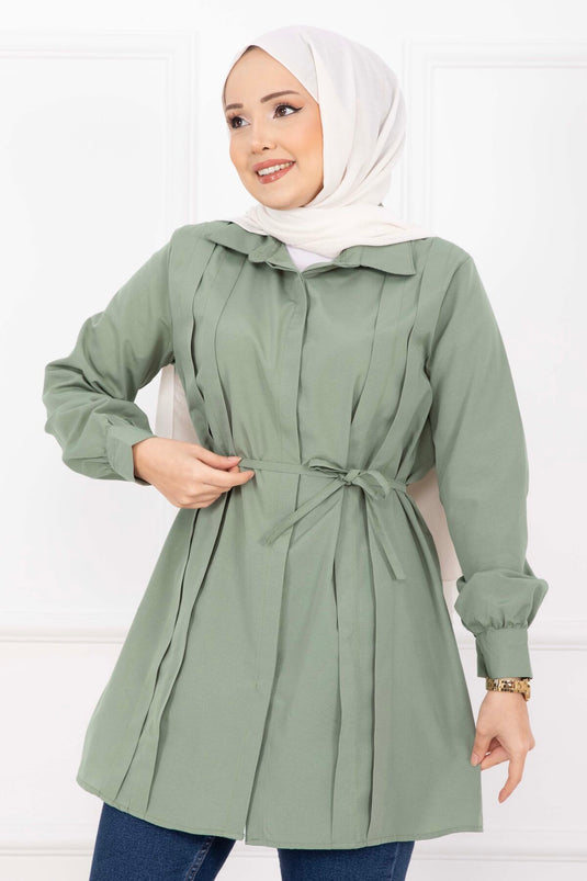 Boydan Gizli Düğmeli Pile Detaylı Tesettür Gömlek Çağla Yeşili