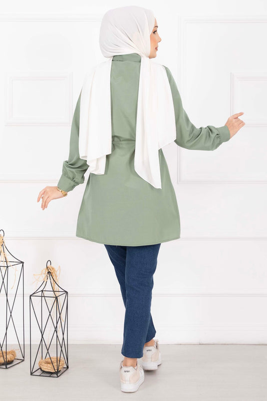 Boydan Gizli Düğmeli Pile Detaylı Tesettür Gömlek Çağla Yeşili