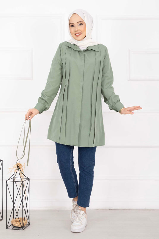 Boydan Gizli Düğmeli Pile Detaylı Tesettür Gömlek Çağla Yeşili