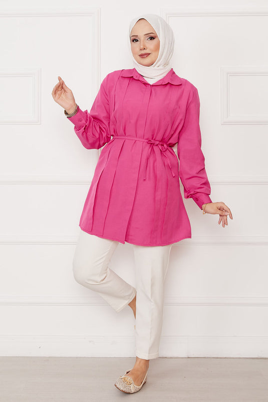 Hidden Button Pleat Detailed Hijab Shirt Fuchsia