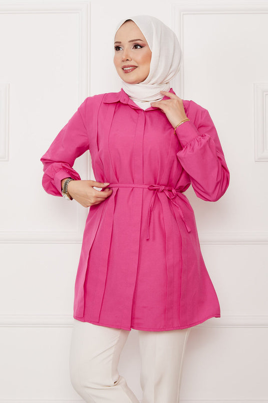 Boydan Gizli Düğmeli Pile Detaylı Tesettür Gömlek Fuşya
