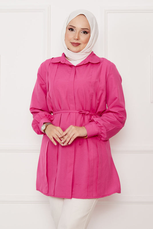 Hidden Button Pleat Detailed Hijab Shirt Fuchsia