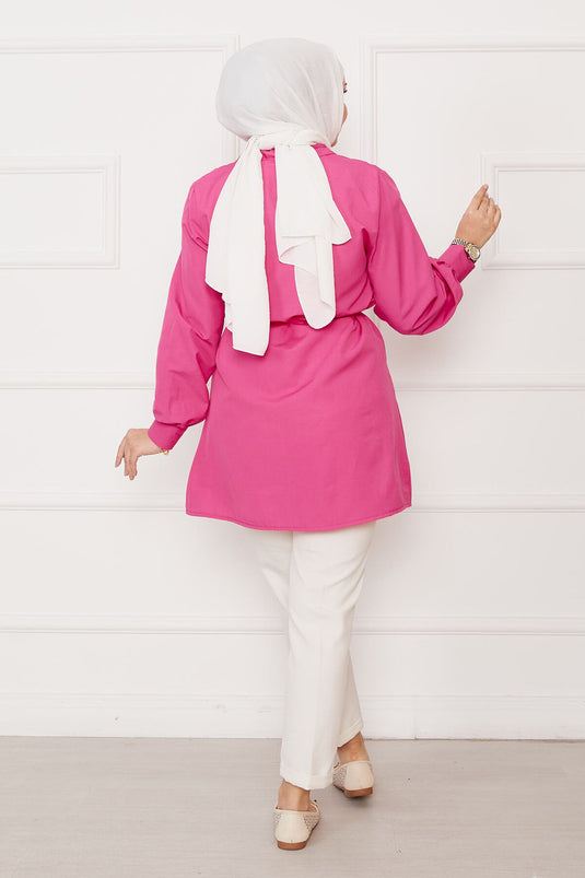 Boydan Gizli Düğmeli Pile Detaylı Tesettür Gömlek Fuşya