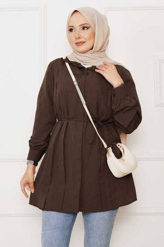 Boydan Gizli Düğmeli Pile Detaylı Tesettür Gömlek Kahve