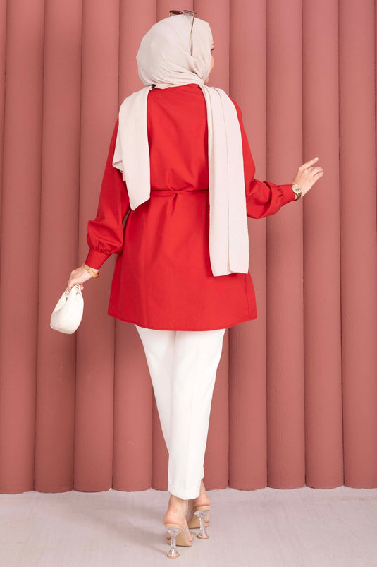 Boydan Gizli Düğmeli Pile Detaylı Tesettür Gömlek Kırmızı