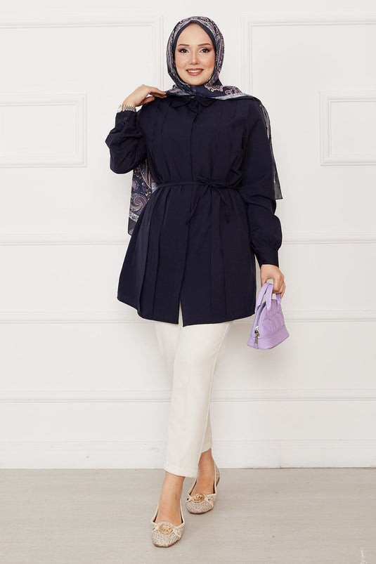 Boydan Gizli Düğmeli Pile Detaylı Tesettür Gömlek Lacivert