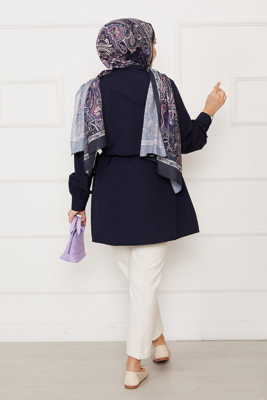 Boydan Gizli Düğmeli Pile Detaylı Tesettür Gömlek Lacivert