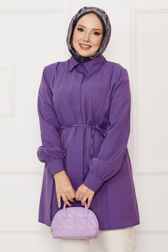 Boydan Gizli Düğmeli Pile Detaylı Tesettür Gömlek Mor