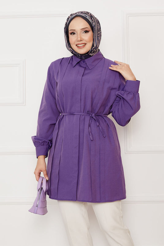 Boydan Gizli Düğmeli Pile Detaylı Tesettür Gömlek Mor