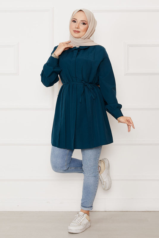 Hidden Button Pleat Detailed Hijab Shirt Petrol