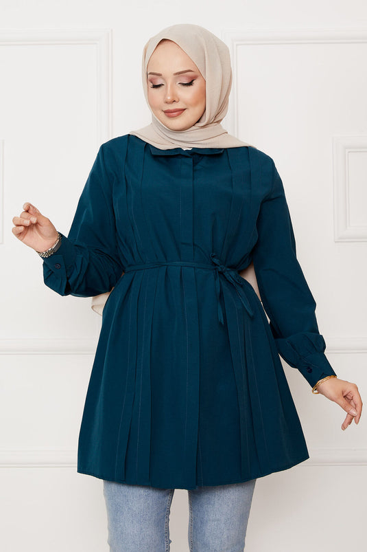 Hidden Button Pleat Detailed Hijab Shirt Petrol