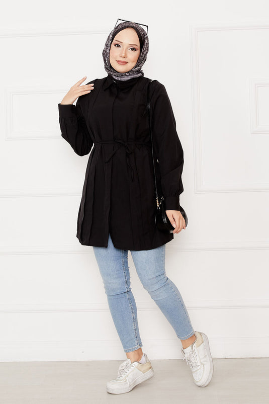 Hidden Button Pleat Detailed Hijab Shirt Black