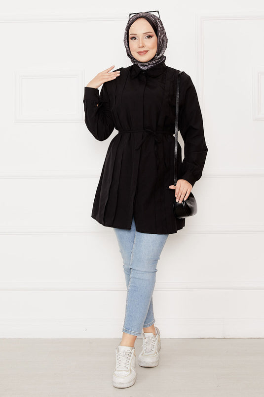 Hidden Button Pleat Detailed Hijab Shirt Black