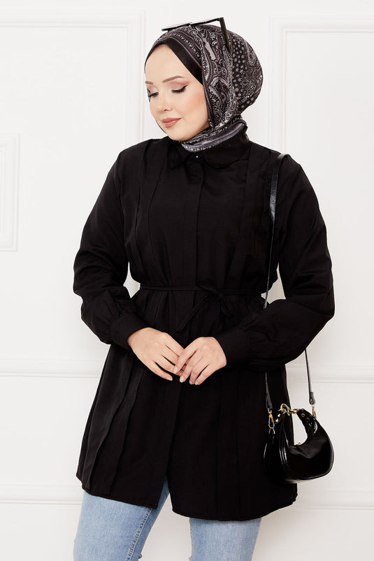 Hidden Button Pleat Detailed Hijab Shirt Black