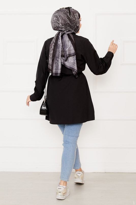 Hidden Button Pleat Detailed Hijab Shirt Black