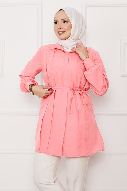 Boydan Gizli Düğmeli Pile Detaylı Tesettür Gömlek Somon