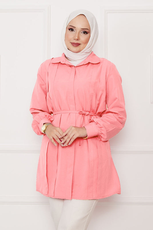 Boydan Gizli Düğmeli Pile Detaylı Tesettür Gömlek Somon