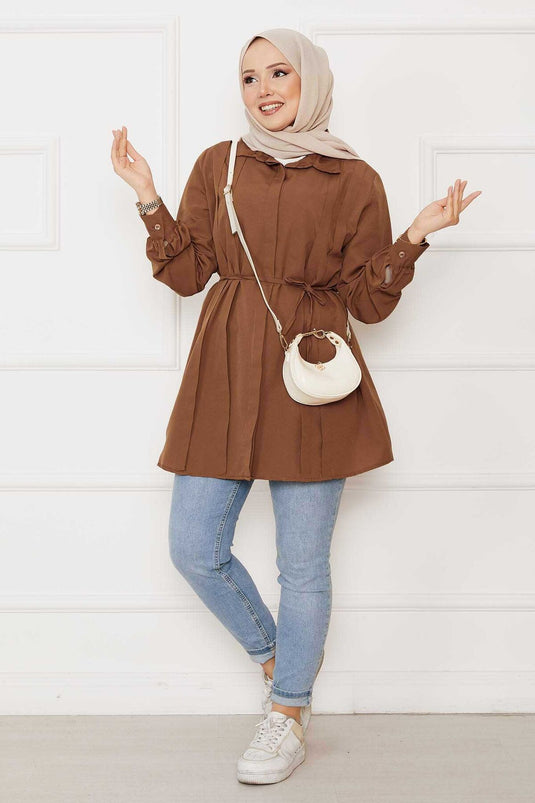 Hidden Button Pleat Detailed Hijab Shirt in Tan