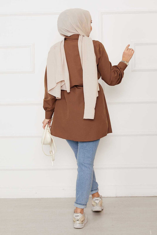 Hidden Button Pleat Detailed Hijab Shirt in Tan