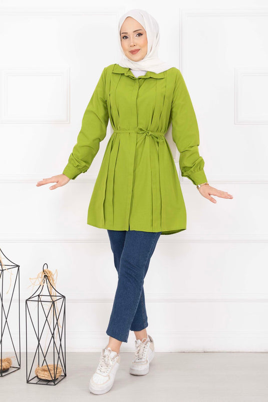Full-Length Concealed Button Pleated Detail Modest Shirt Olive Green