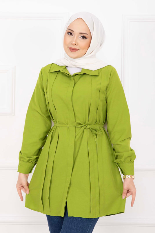 Full-Length Concealed Button Pleated Detail Modest Shirt Olive Green