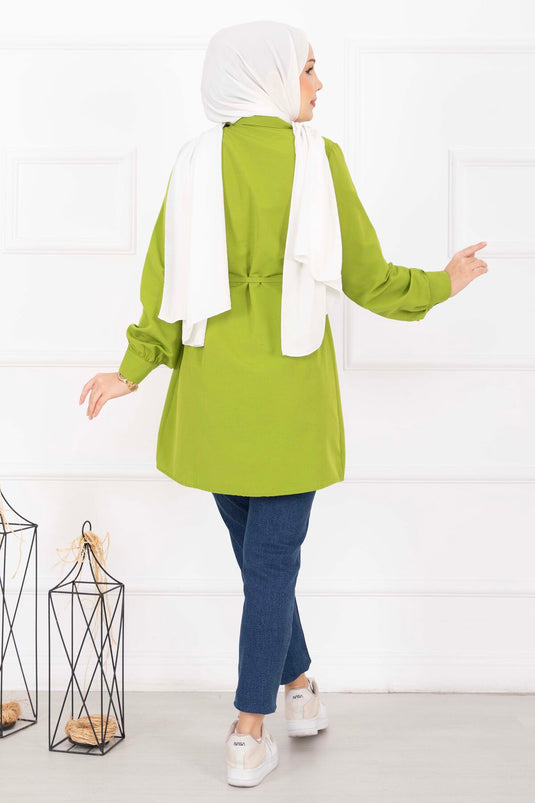 Full-Length Concealed Button Pleated Detail Modest Shirt Olive Green