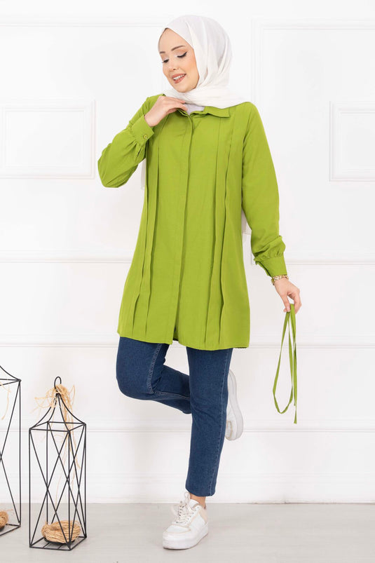 Full-Length Concealed Button Pleated Detail Modest Shirt Olive Green