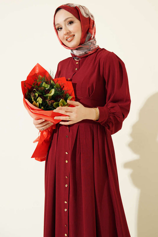 Boydan Gold Düğmeli Pensli Elbise Bordo