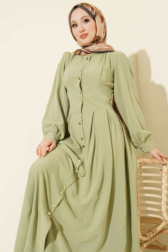 Boydan Gold Düğmeli Pensli Elbise Çağla Yeşili
