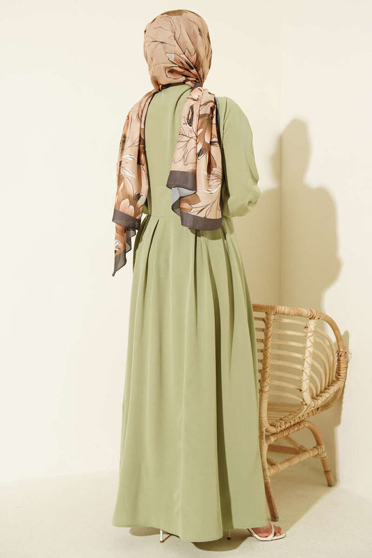 Boydan Gold Düğmeli Pensli Elbise Çağla Yeşili